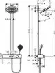 Hansgrohe Showerpipe mit Kopfbrause und Handbrause. Die Zeichnung zeigt Maße, Anschlussmöglichkeiten und montageähnliche Details der Armatur.